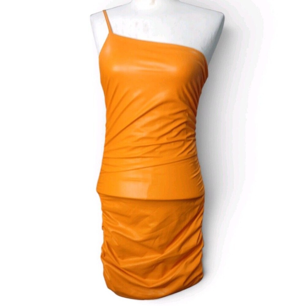 Forever 21 Orange One Shoulder Faux Leather Ruched Mini Dress Women's Small